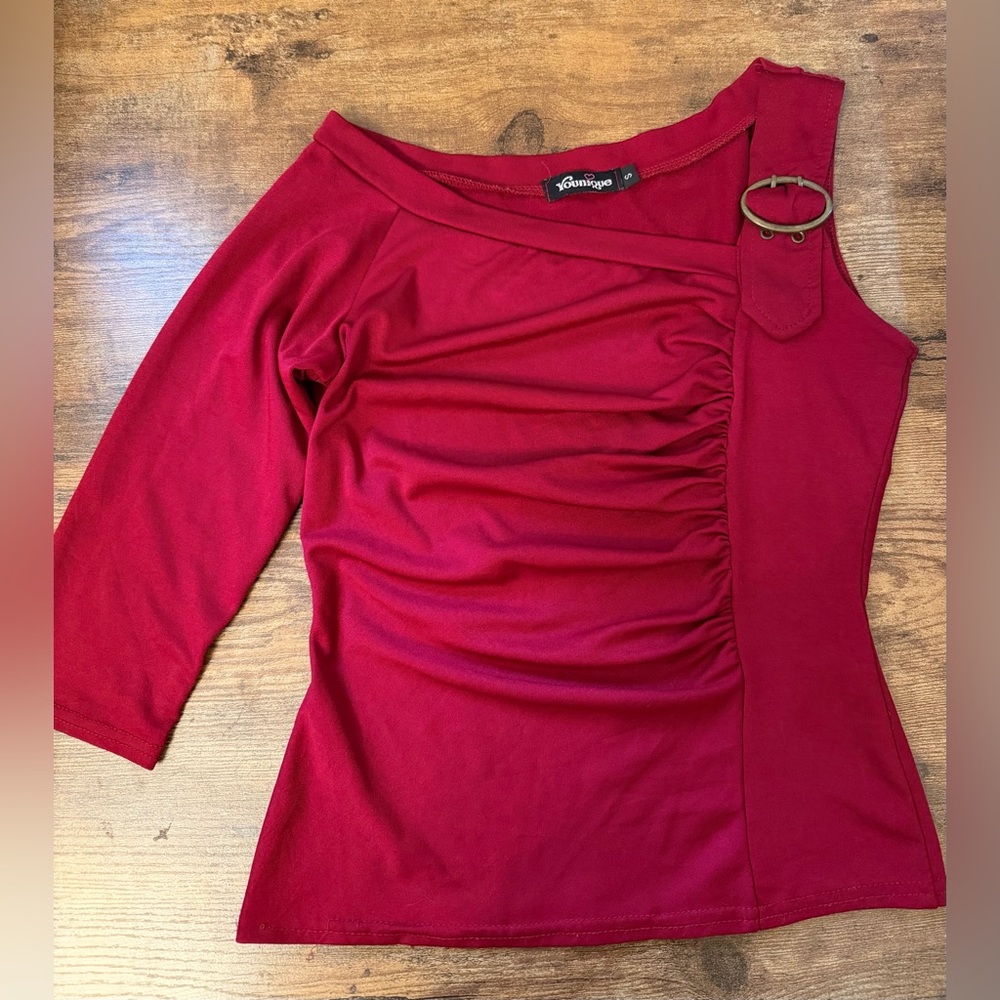 Y2K Deep Red Asymmetric Ruched Long Sleeve Top with Buckle